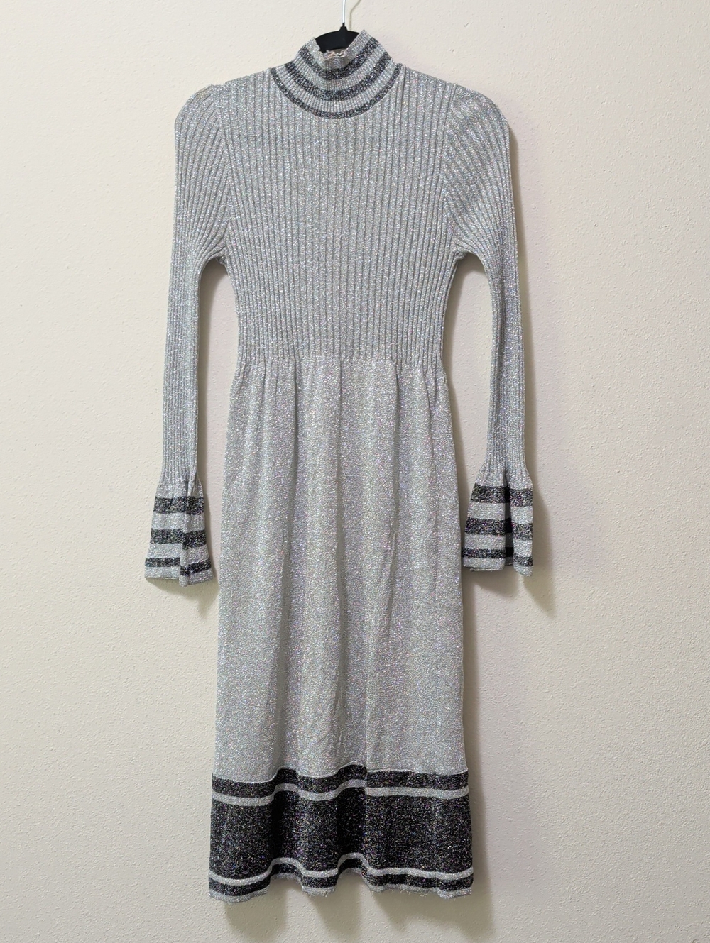 Silver Metallic Ribbed Midi Dress with Contrast Trim